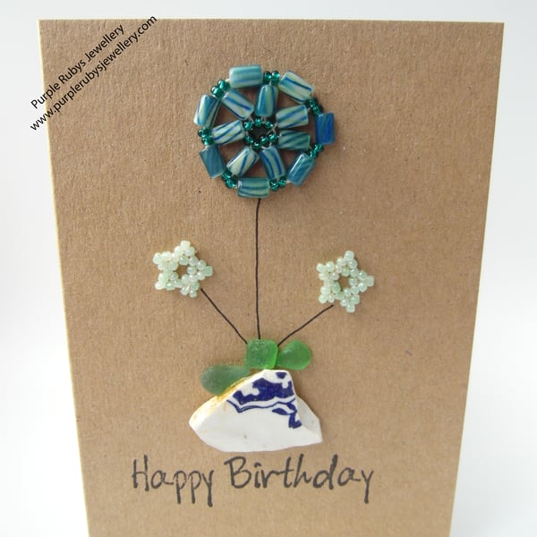 Sea Pottery & Green Beaded Flowers Birthday Card C067