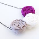Fabric Flower Necklace - Pink White & Grey Silk Rosettes - Handmade Gift for Mum