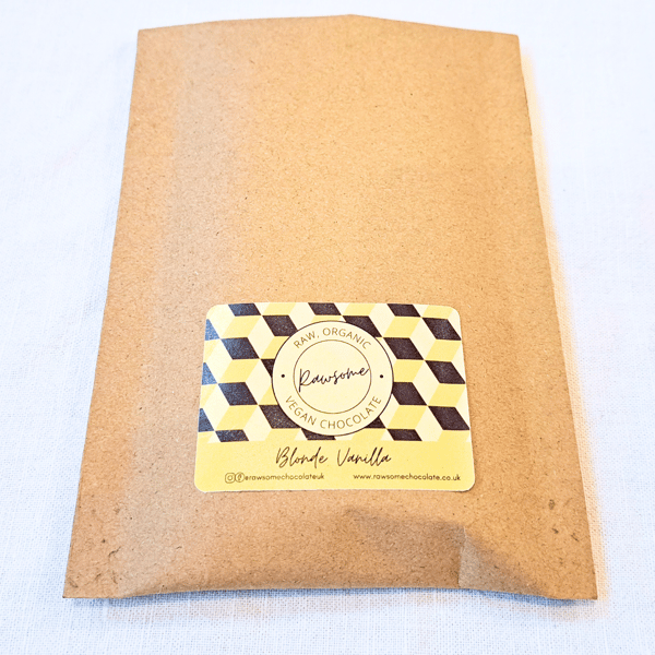 Blonde vanilla chocolate. Raw, organic and vegan.  Bean to bar chocolate. 