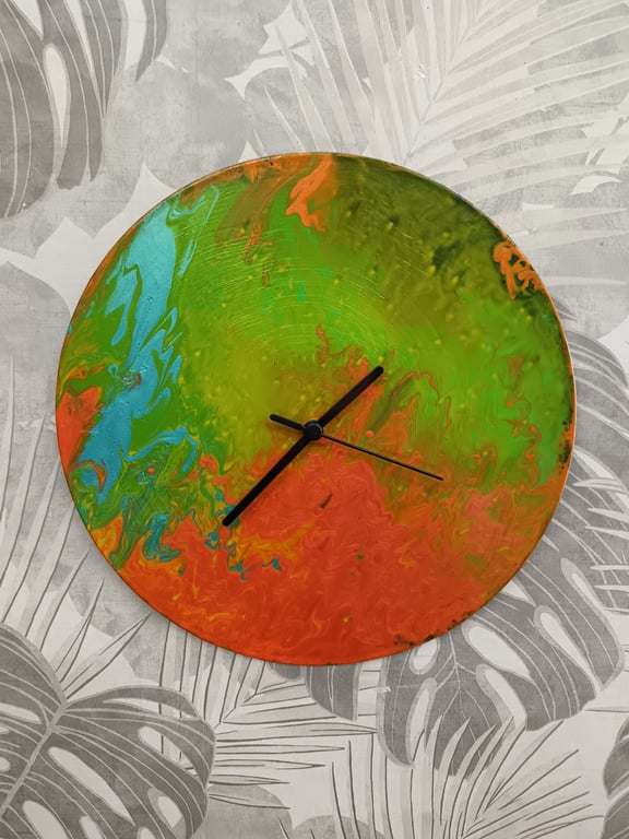 Paint Pour Clock - recycled vinyl record