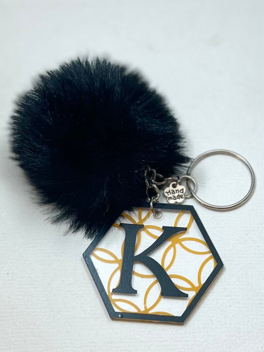 Handcrafted Hexagonal letter K keyring with black pompom