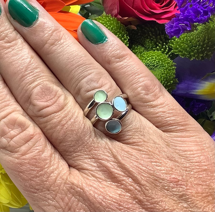 Sterling silver pastel blue and green enamel wrap ring 