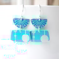 Flower earrings in turquoise with mid century print 