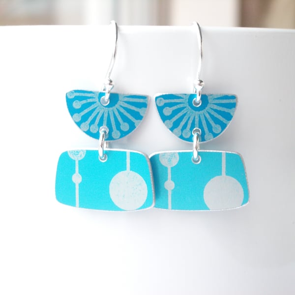 Flower earrings in turquoise with mid century print 