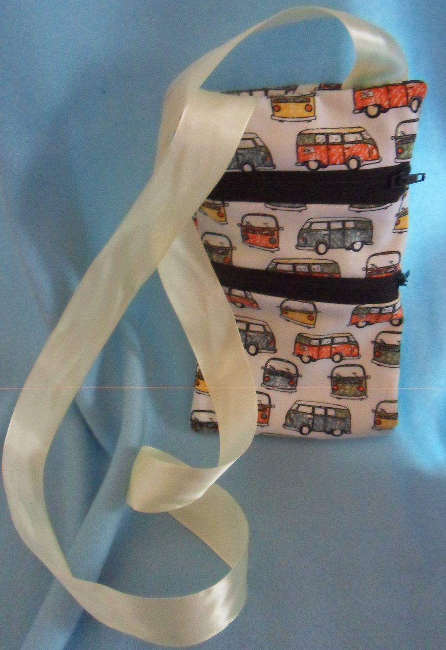 Round the neck, Camper van money bag, cream ribbon