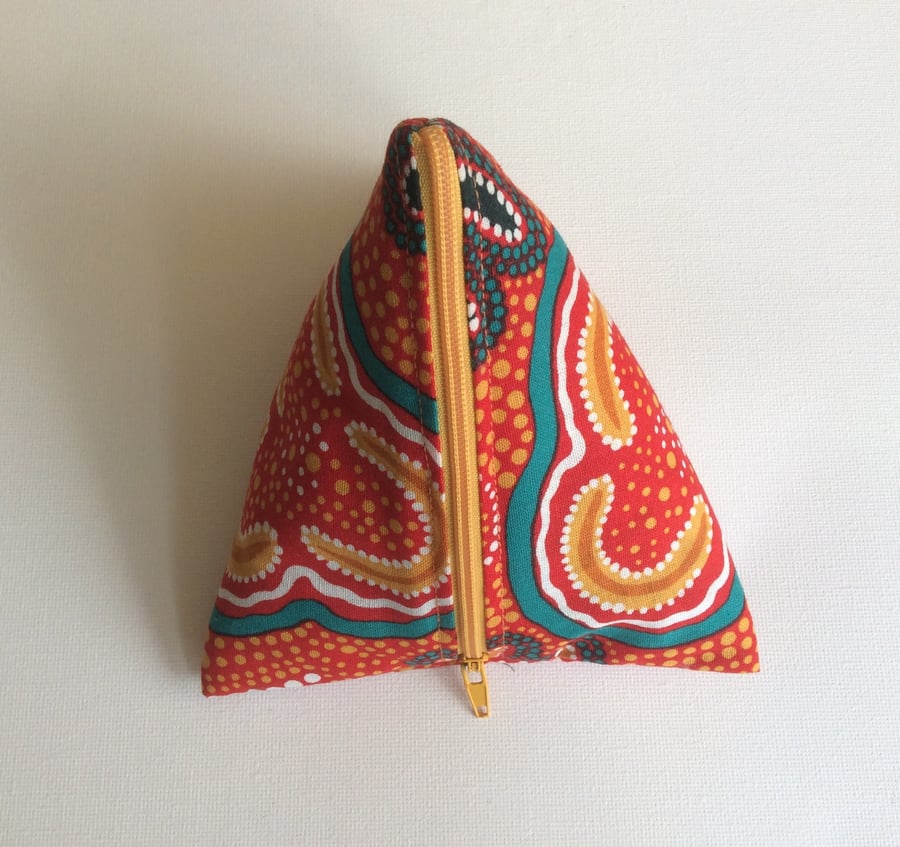 Make up bag, Aboriginal art fabric, triangular pyramid, multi use