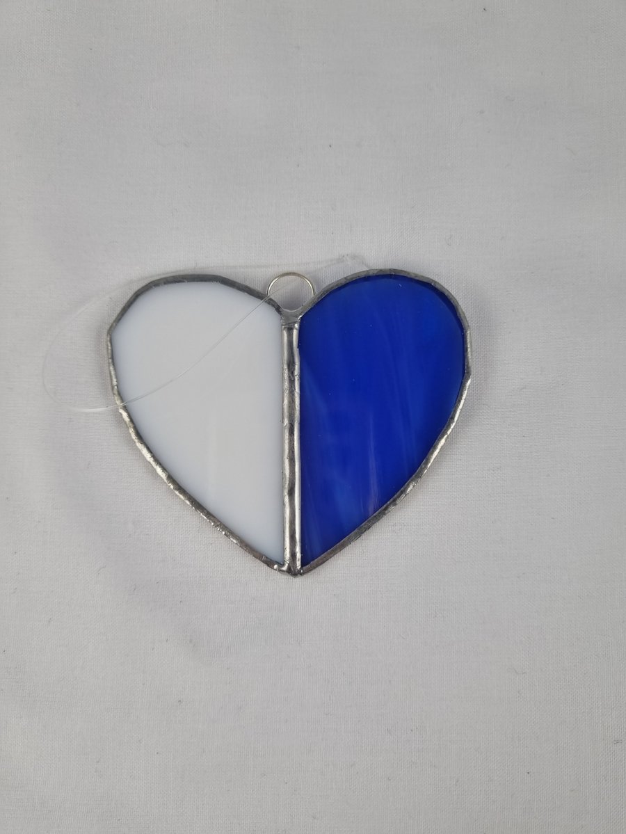 585 Stained Glass Small Two Piece White blue Heart- handmade hanging decoration.