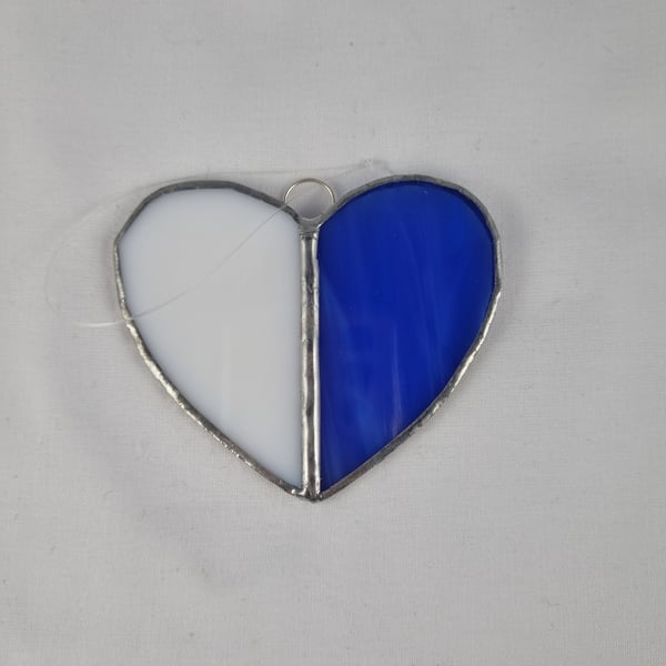 585 Stained Glass Small Two Piece White blue Heart- handmade hanging decoration.