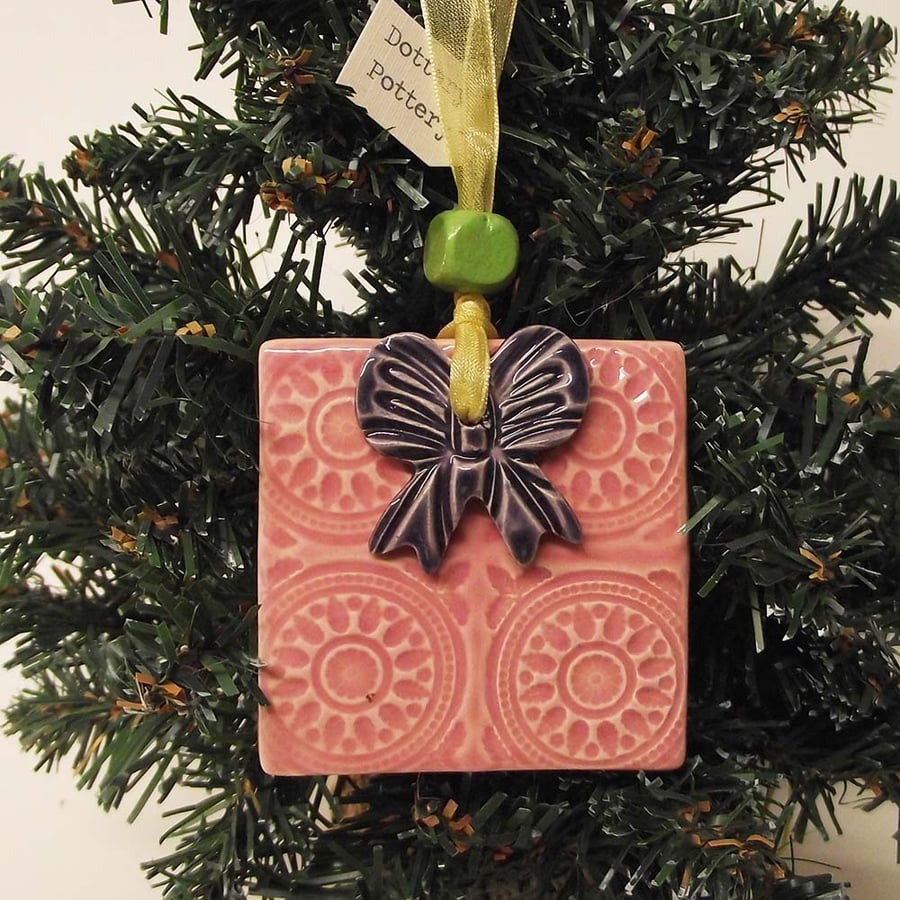 Ceramic Christmas Present Decoration. Christmas Pottery