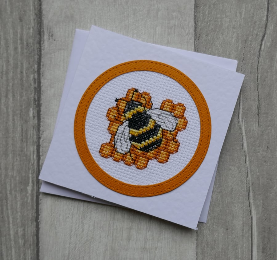 Cross Stitch Bumble Bee - Blank Greetings Card