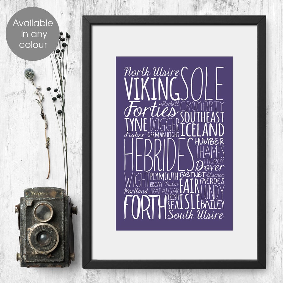 Shipping Forecast any colour, bespoke typographic print