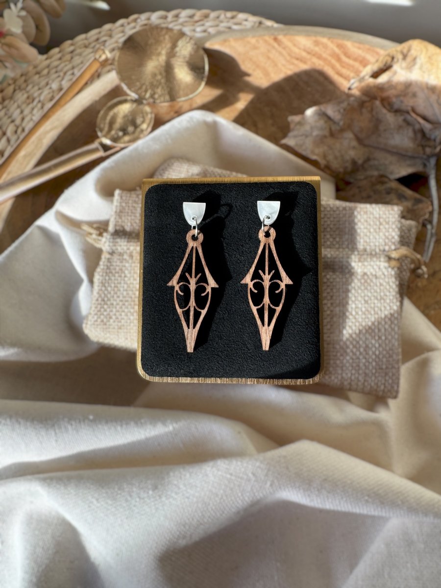 Enchanted Elven Filigree Walnut Wood Earrings
