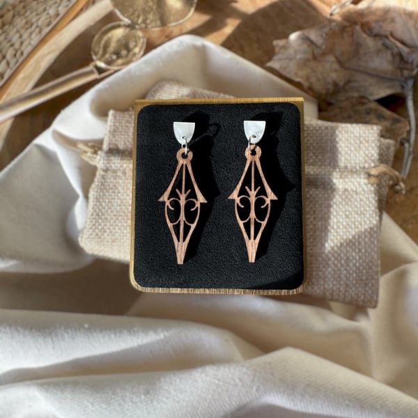 Enchanted Elven Filigree Walnut Wood Earrings