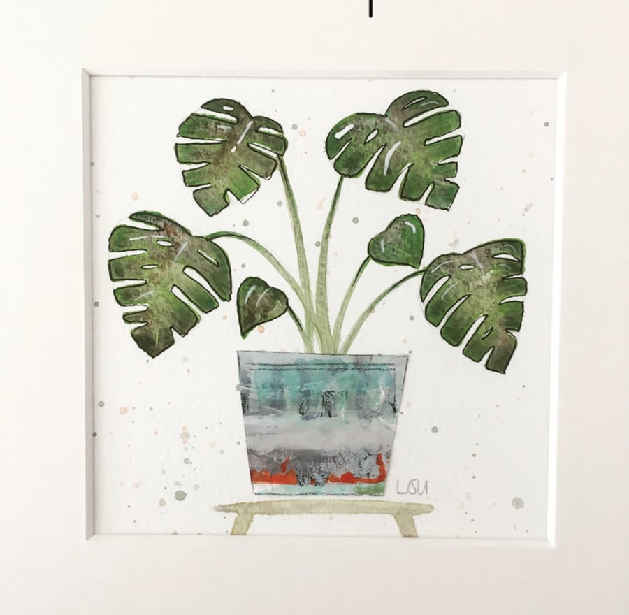 Original watercolour and collage houseplant Monstera mounted 
