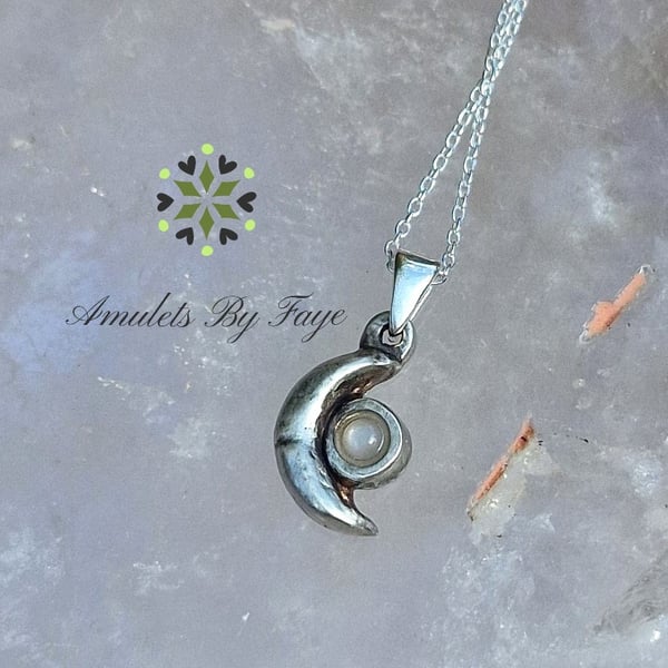 Sterling Silver Half Moon with Peach Moonstone Gemstone Pendant Necklace.
