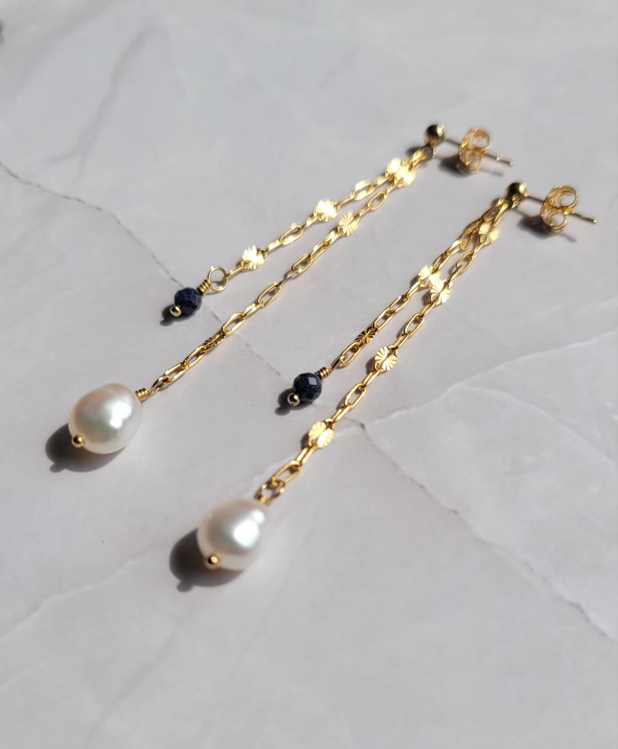 Sapphire and Pearl Earrings, 14kt Gold FIlled
