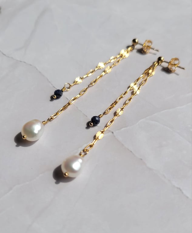 Sapphire and Pearl Earrings, 14kt Gold FIlled