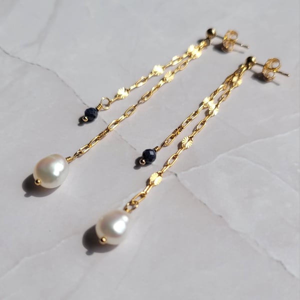 Sapphire and Pearl Earrings, 14kt Gold FIlled
