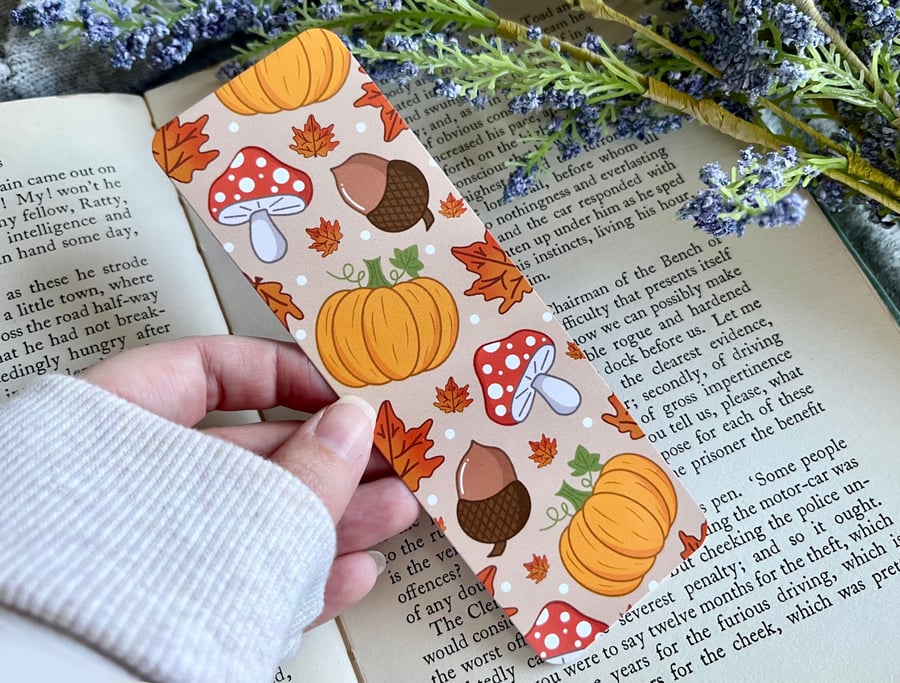 Pumpkin Autumnal Bookmark, Toadstool and Acorns.