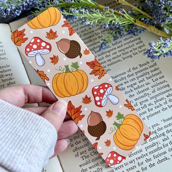 Pumpkin Autumnal Bookmark, Toadstool and Acorns.