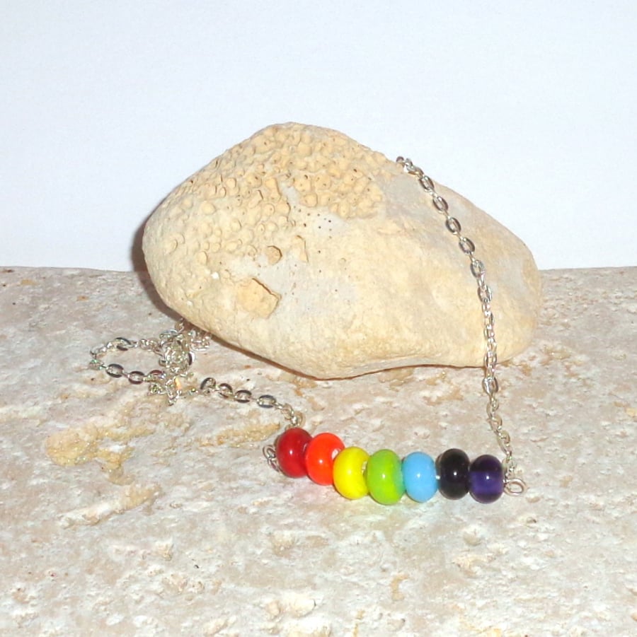 Lampwork glass bead rainbow on bar & chain necklace