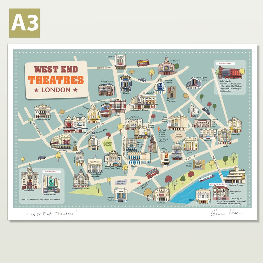 London Theatres West End ornamental map A3