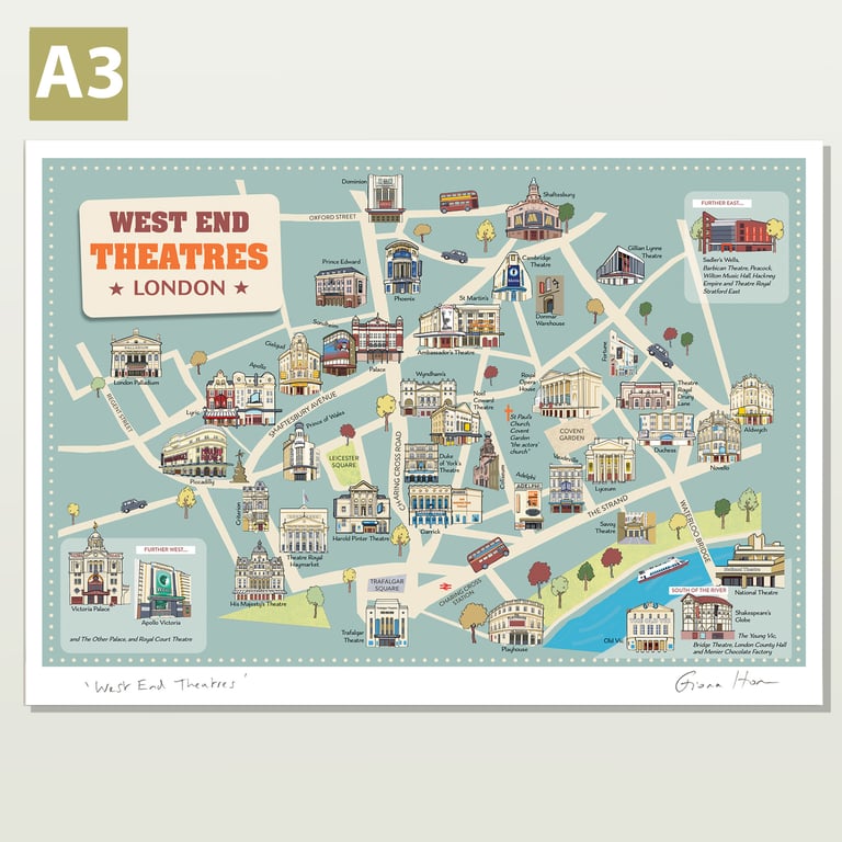London Theatres West End ornamental map A3