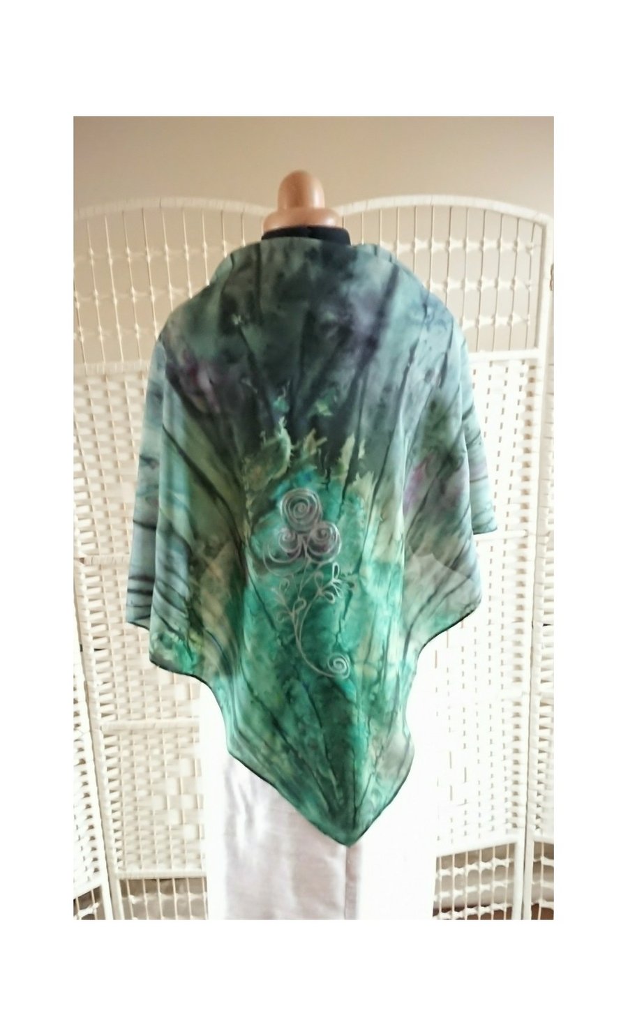 Hand painted green square silk scarf with silver roses and leaves