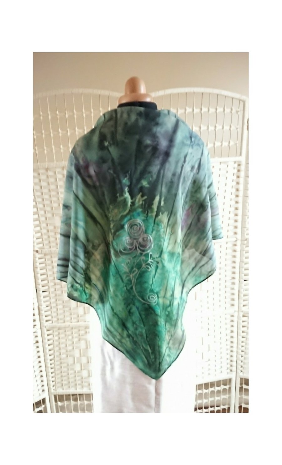 Hand painted green square silk scarf with silver roses, handmade