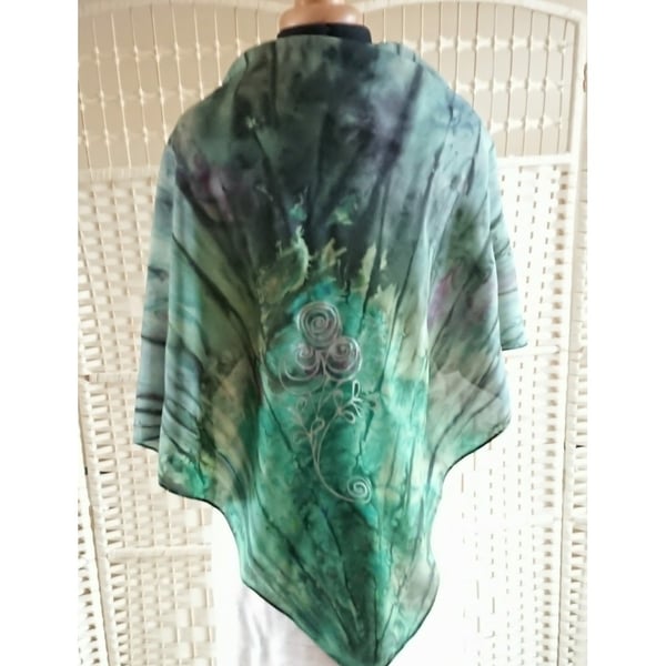 Hand painted green square silk scarf with silver roses and leaves