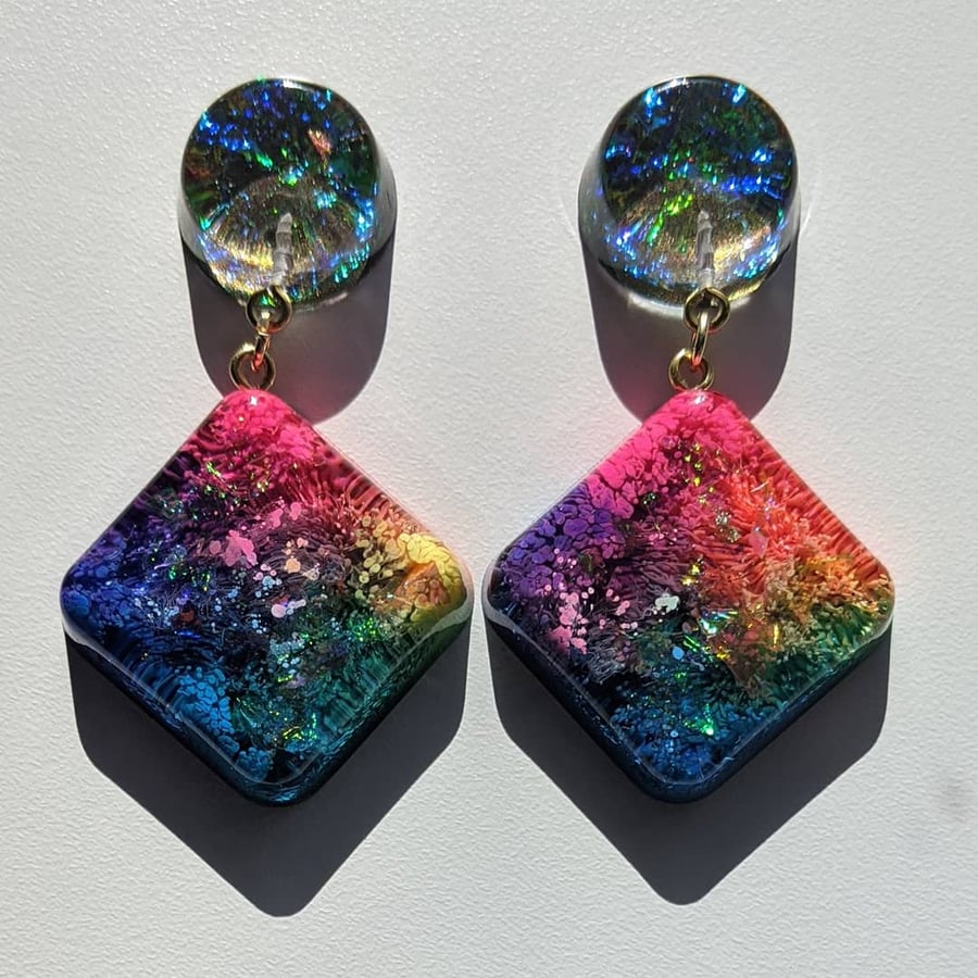 Rainbow jewel effect square earrings (Each pair is unique)