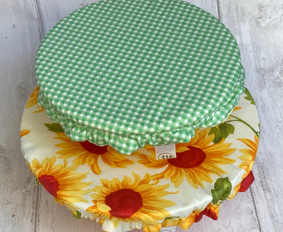 Reusable bowl covers - set of two. Sunflowers and checks