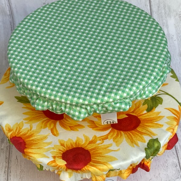 Reusable bowl covers - set of two. Sunflowers and checks