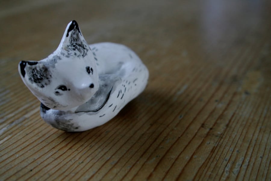 Arctic Fox Sculpture, Polymer Clay Animal