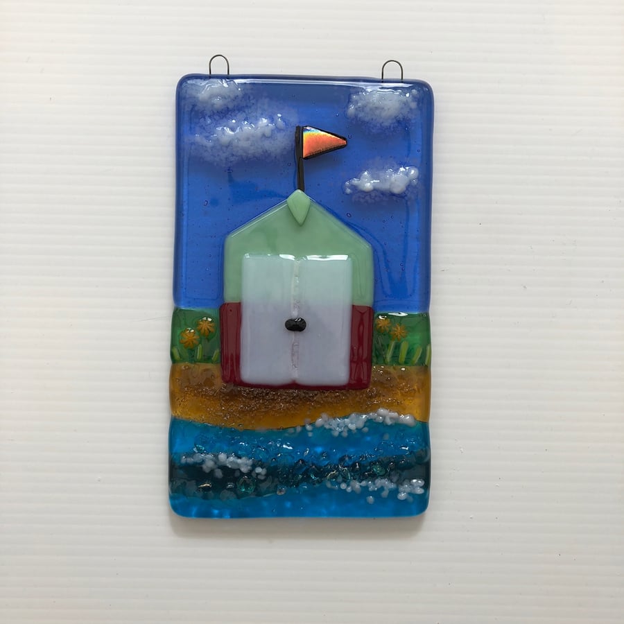 Beach hut design handmade fused glass hanging