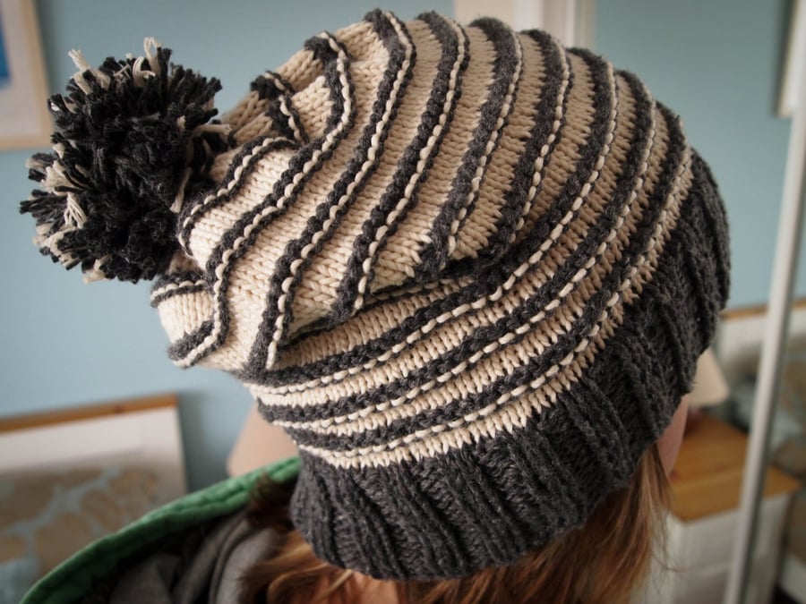 SALE - Hand Knitted "Two Tone Toorie" beanie hat in grey and cream