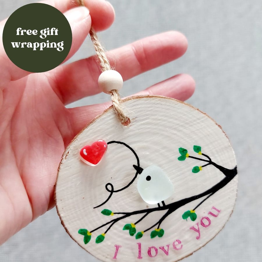 Sea Glass Art Decoration - Love - Valentine, Engagement, Wedding Ornament Gift