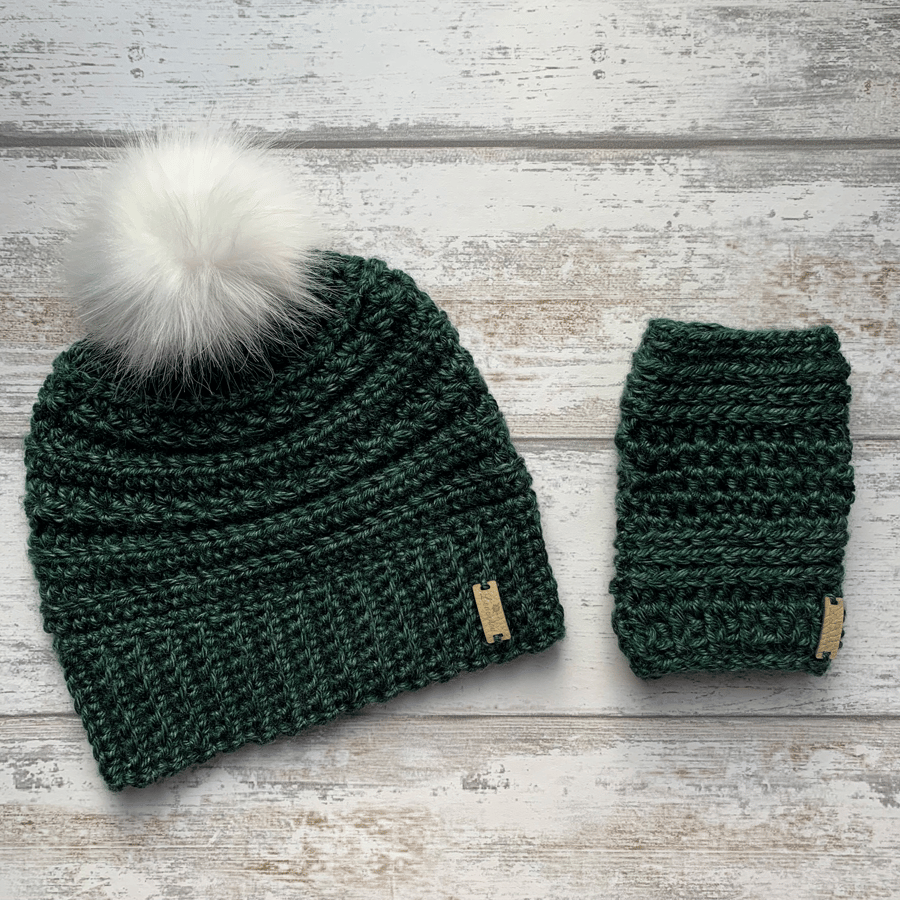 Handmade crochet beanie hat with faux fur pompom and fingerless glove set green