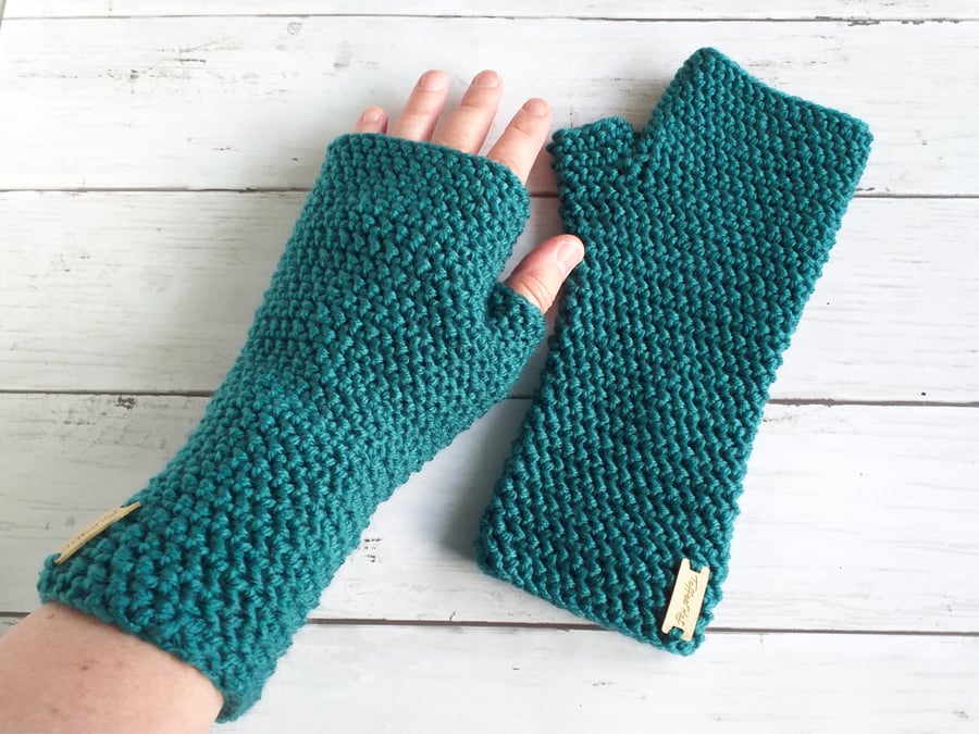 Crochet Fingerless Gloves, Teal Wrist Warmers