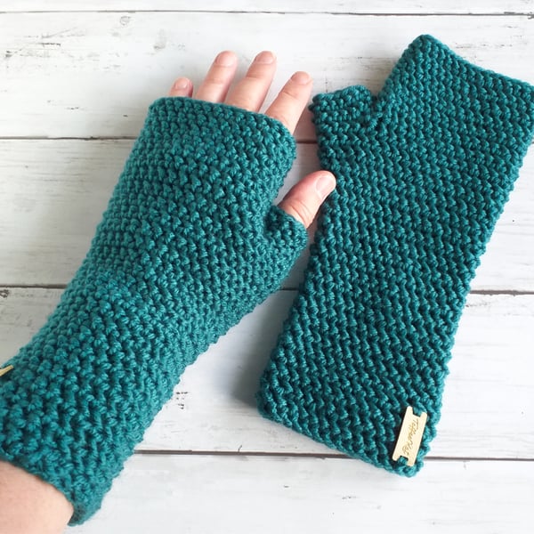 Crochet Fingerless Gloves, Teal Wrist Warmers