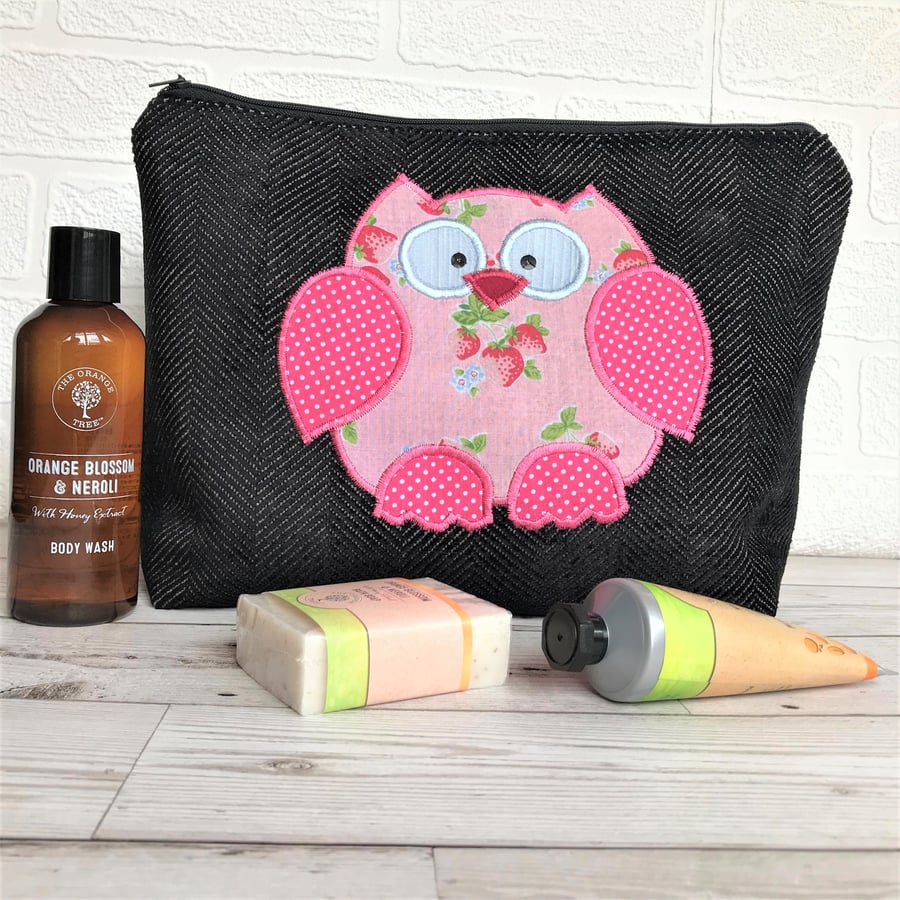 Owl toiletry bag, owl wash bag in black fabric with pink strawberry print owl