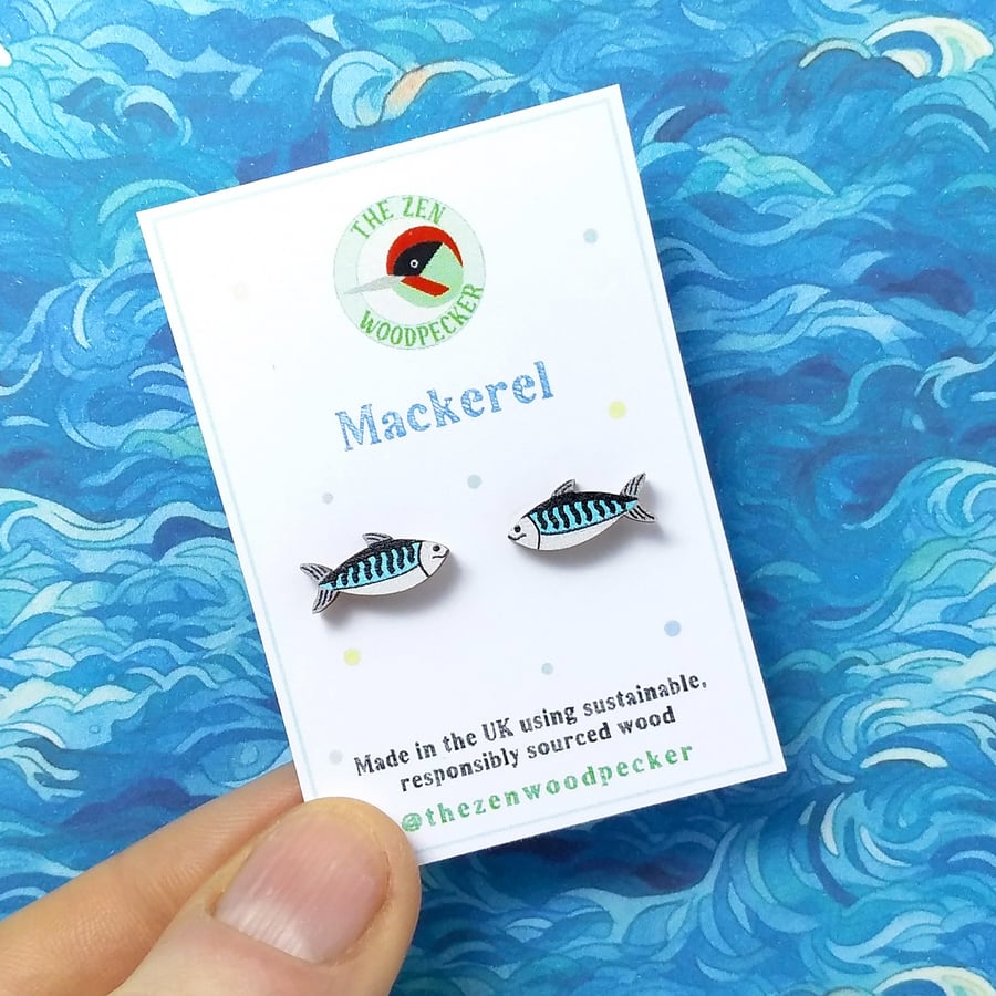 Mackerel Earrings, Fish Studs, Sealife, Silver Plated or Sterling Silver Backs