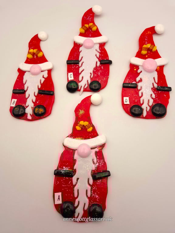 Fused Glass Santa Gnome Christmas Decoration with Yellow Bells detail with Stand