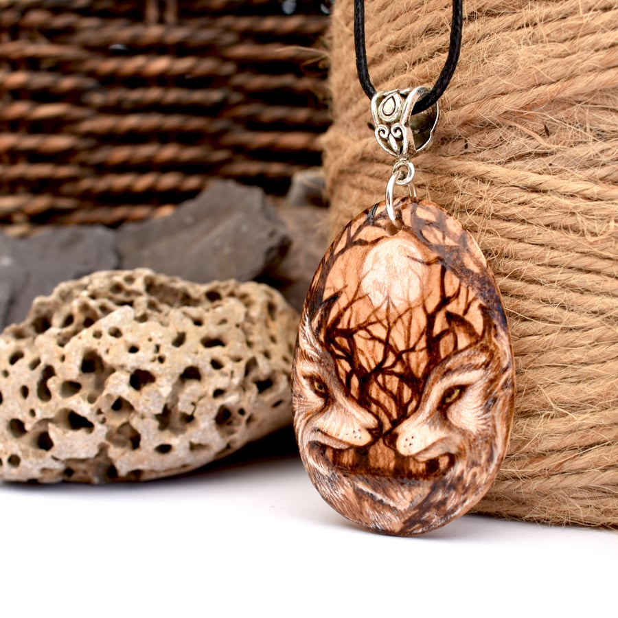 Wolf couple in the woods. Pyrography wooden wolves pendant necklace.