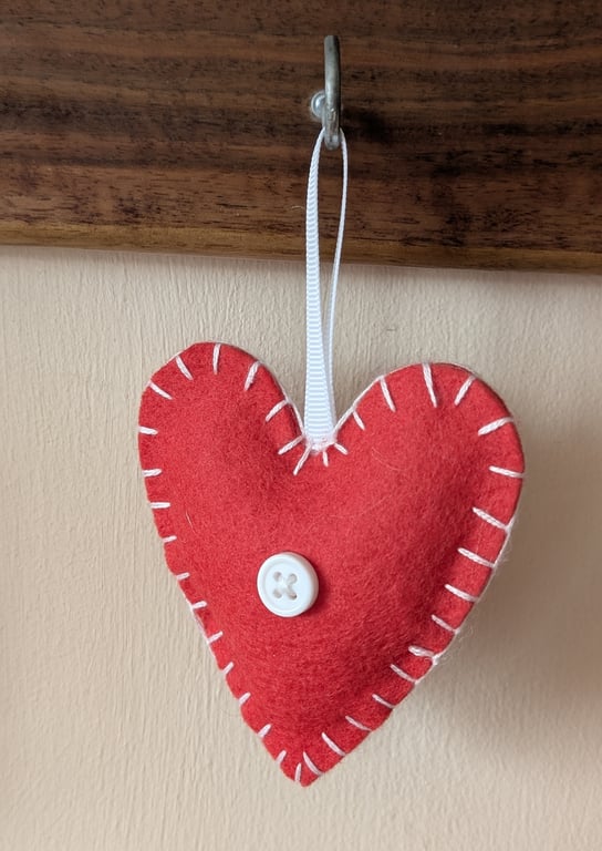 Handmade handstitched felt heart - red with white stitching