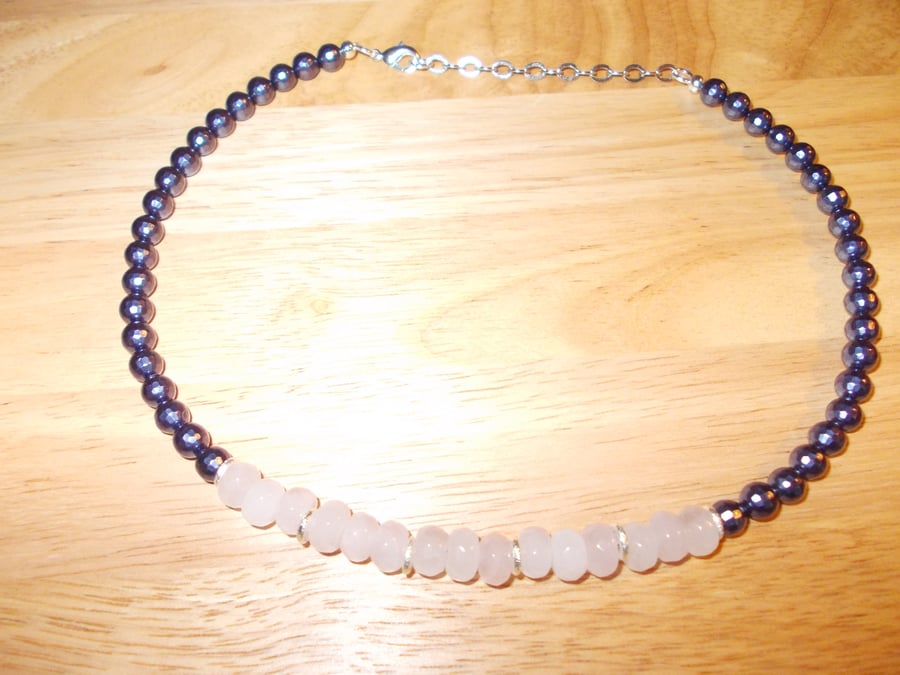Rose quartz and faceted shell pearl necklace
