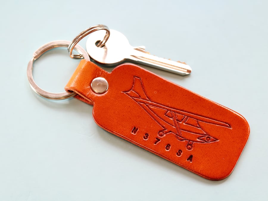 Personalised Hand-Carved Cessna Leather Keyring, Plane Key Fob Gift For Pilot