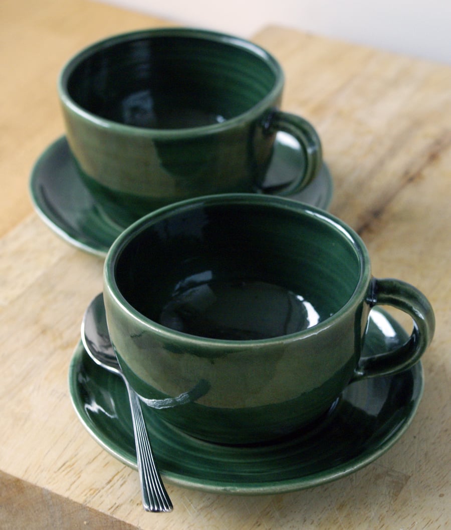 A set of two forest green cappuccino cups - hand thrown stoneware pottery