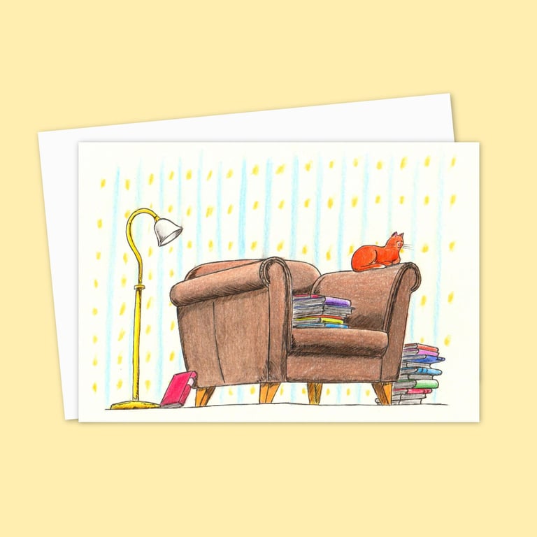 Bookish Cat Greeting Card: Hand Drawn Illustration of a Cosy Ginger Cat (116)