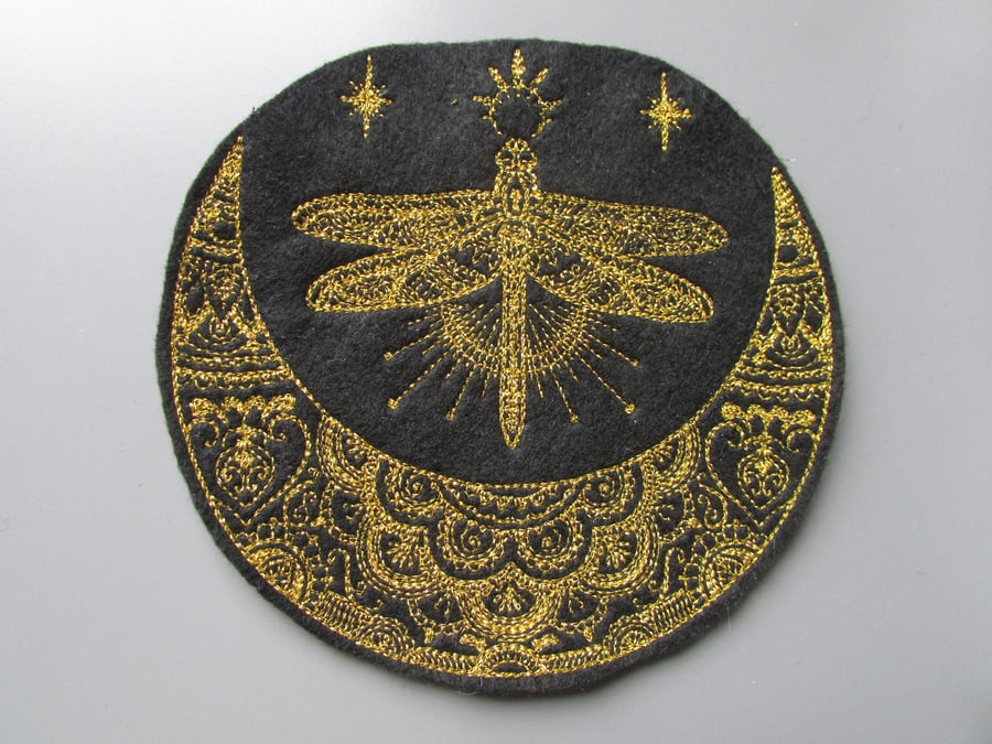 Embroidered Vintage Celestial Moon and Dragonfly Applique Patch